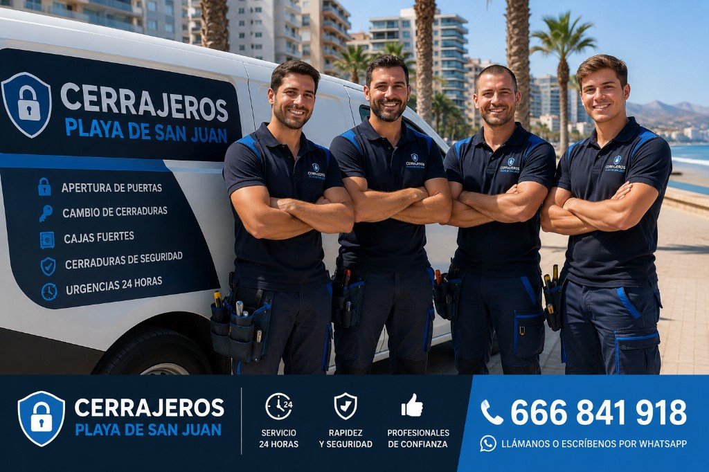 Equipo de Cerrajeros Playa de San Juan junto a la furgoneta de servicio: apertura de puertas, cambio de cerraduras, cajas fuertes y urgencias 24 horas. Teléfono 666 841 918